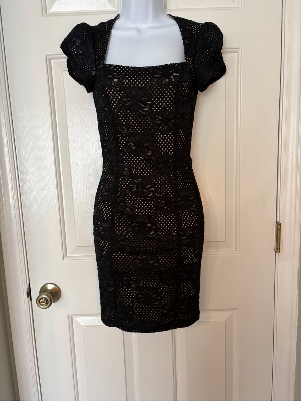 Lovely Day Black Crochet Mini Dress with Puff Sleeves